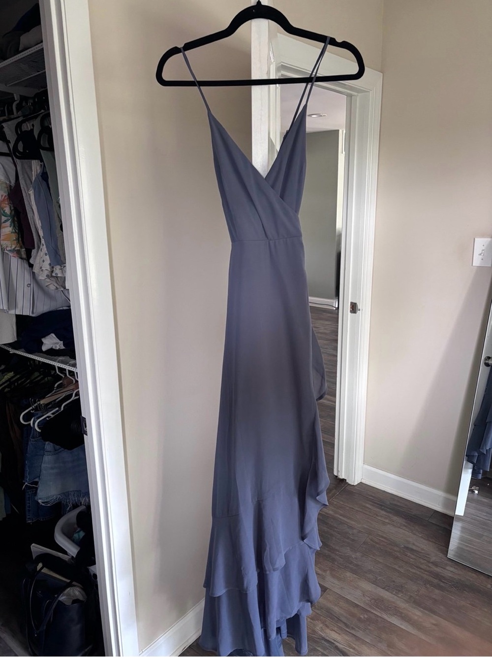 Lulu's Slate Blue Spaghetti-Strap Ruffle Maxi Dress